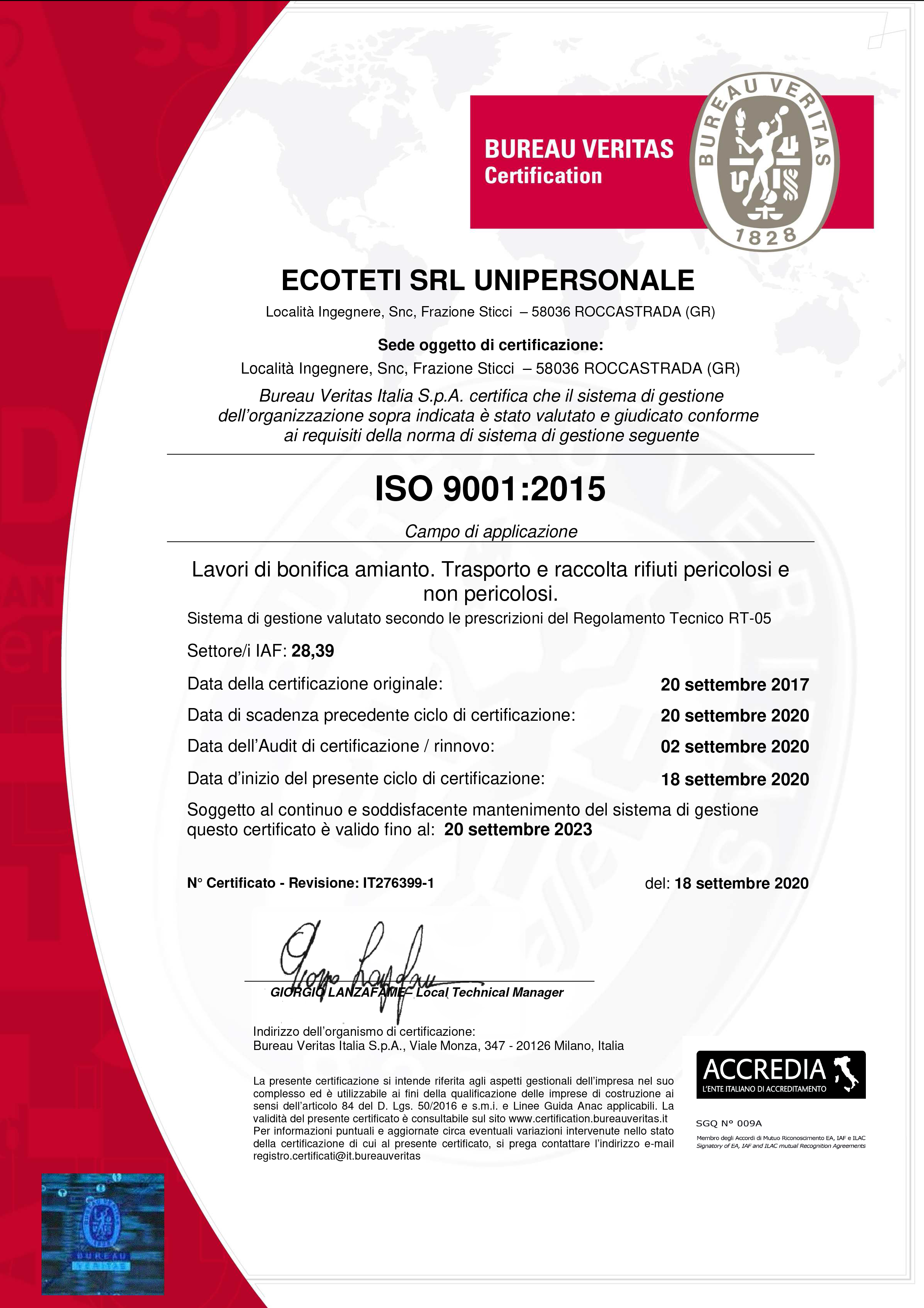 Ecoteti srl Azienda Certificata ISO 9001:2015 per Lavori di bonifica amianto e Trasporto e raccolta rifiuti pericolosi e non pericolosi.